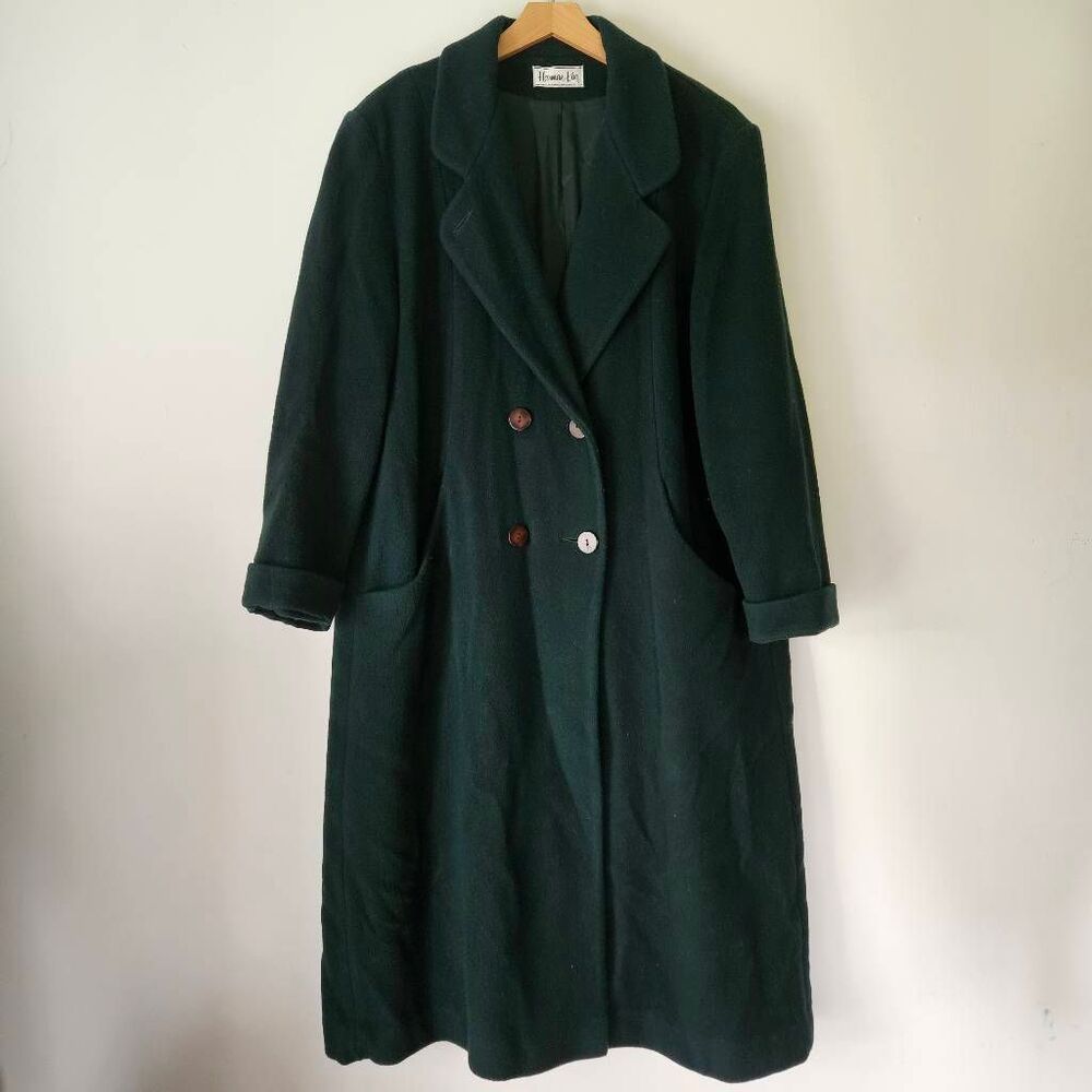 Vintage Herman Kay Forest Green Wool Blend Maxi Coat Women's 18 Double Breasted